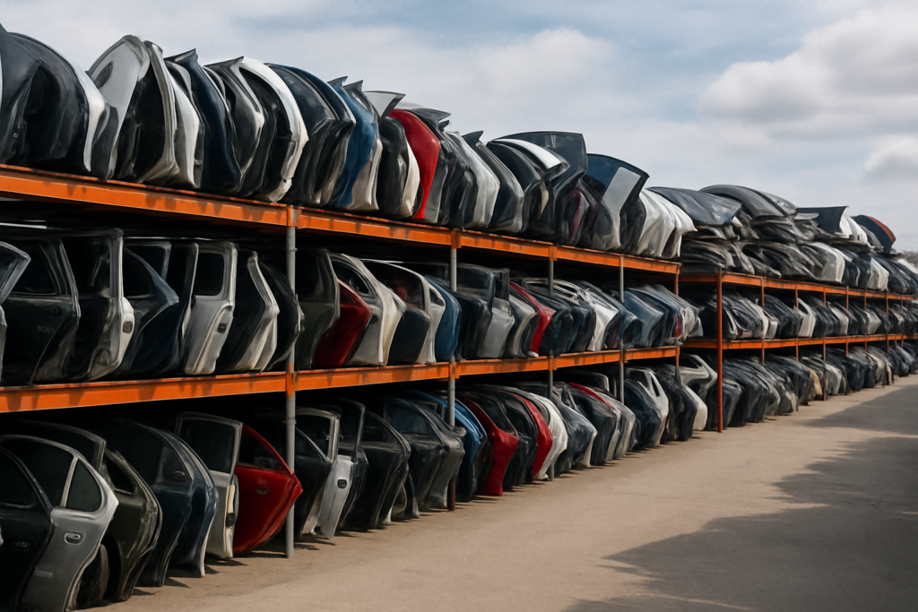 Lataria automotiva empilhada e organizada em pátio de reciclagem automotiva moderno, destacando o conceito de reaproveitamento e economia circular