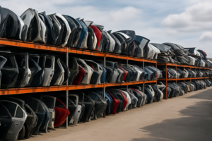 Lataria automotiva empilhada e organizada em pátio de reciclagem automotiva moderno, destacando o conceito de reaproveitamento e economia circular
