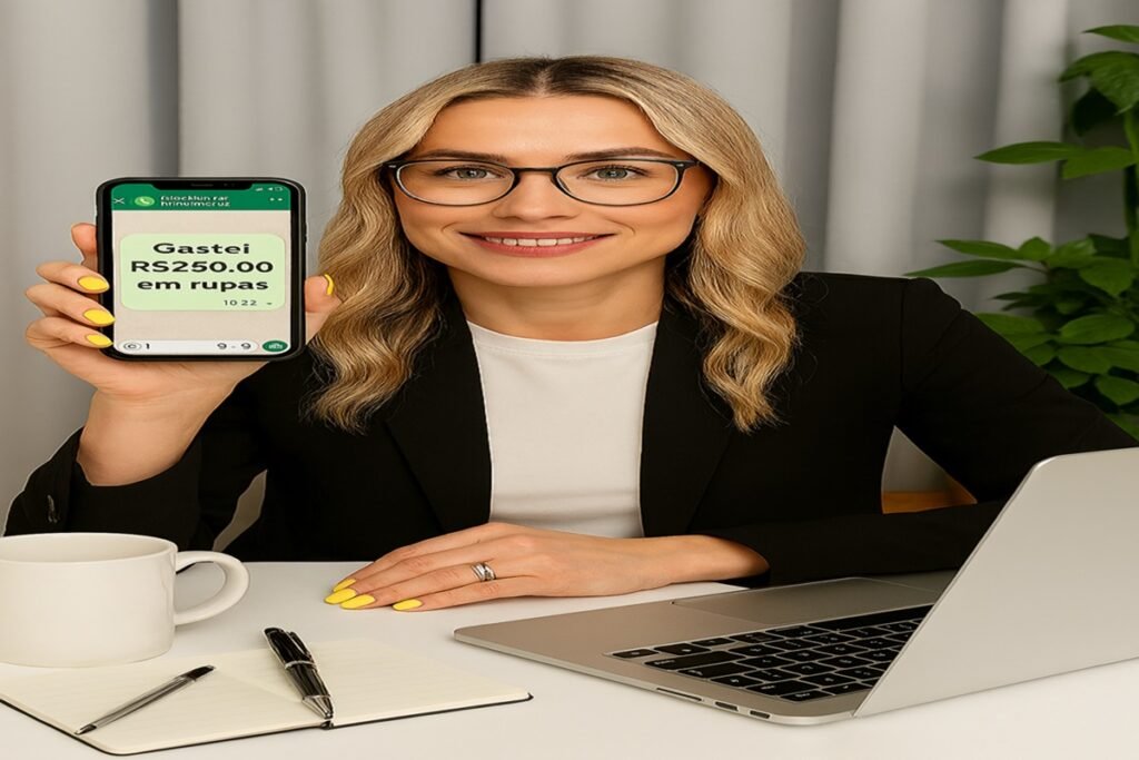 A imagem mostra uma pessoa sentada à mesa em um ambiente profissional, vestindo blazer preto e camisa branca, segurando um smartphone com a mensagem “Gastei R$250.00 em roupas” e a data “10.22”. Sobre a mesa estão um notebook prateado, um caderno com caneta e uma caneca branca. Ao fundo, uma planta verde e uma cortina compõem o cenário. A cena representa o uso de tecnologia para registrar despesas de forma rápida e eficiente, integrando hábitos assistentes financeiros ao cotidiano de trabalho