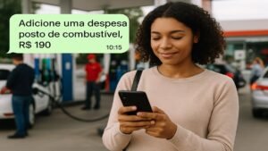 Mulher em posto de gasolina registra despesa de R$190 pelo celular (Assistentes financeiros), sorrindo enquanto acompanha seus gastos.
