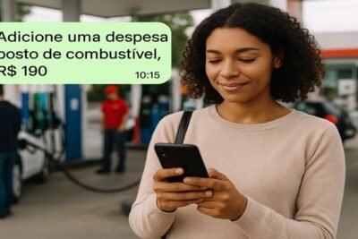 Mulher em posto de gasolina registra despesa de R$190 pelo celular (Assistentes financeiros), sorrindo enquanto acompanha seus gastos.